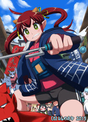 Rule 34 | 1girl, bike shorts, blue sky, bridal gauntlets, bright pupils, clenched teeth, copyright notice, dated, day, fang, green eyes, haori, harem gain, holding, holding weapon, horns, japanese clothes, kimono, leonardo 16sei, long hair, obi, oni, oni horns, outdoors, people, pointy ears, red hair, red kimono, sash, short kimono, sky, solo focus, standing, teeth, twintails, watermark, weapon, weapon request, white pupils
