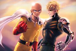 Rule 34 | 2boys, artist name, bald, black eyes, black sclera, blonde hair, cape, clenched hand, colored sclera, cyborg, earrings, genos, gloves, jewelry, lens flare, lintufriikki, male focus, mechanical arms, multiple boys, one-punch man, red gloves, saitama (one-punch man), shiny skin, signature, single mechanical arm, smile, white cape, yellow eyes, zipper