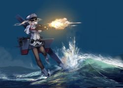 Rule 34 | 10s, bad id, bad twitter id, blonde hair, blue eyes, boots, flight deck, fujibejifu, graf zeppelin (kancolle), hat, kantai collection, military, military hat, military uniform, night, ocean, pantyhose, solo, twintails, uniform, waves, weapon