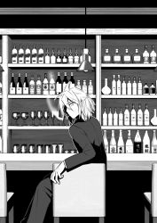 Rule 34 | 1boy, 3d background, bar (place), caffein, ceiling light, chair, commentary, formal, from behind, greyscale, honne dell, indoors, looking at viewer, looking back, male focus, monochrome, shelf, sitting, smoking, solo, suit, vocaloid