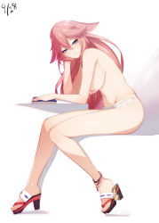 Rule 34 | 1girl, animal ears, anklet, bare legs, book, breasts, closed mouth, elbow rest, floppy ears, fox ears, from side, full body, genshin impact, geta, hair between eyes, head rest, highres, jewelry, large breasts, long hair, looking at viewer, navel, nipples, on chair, panties, pink hair, purple eyes, signature, sitting, smile, solo, toes, topless, underwear, white background, white panties, yae miko, yu-ta