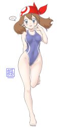 Rule 34 | 1girl, absurdres, arm behind back, bandana, barefoot, blue eyes, blue one-piece swimsuit, blush, breasts, brown hair, character name, collarbone, covered navel, creatures (company), embarrassed, floating hair, full body, game freak, groin, hair between eyes, highleg, highleg swimsuit, highres, leg up, long hair, looking at viewer, may (pokemon), medium breasts, nintendo, one-piece swimsuit, open mouth, pokemon, pokemon rse, red bandana, school swimsuit, simple background, solo, standing, standing on one leg, swimsuit, tax2rin, white background