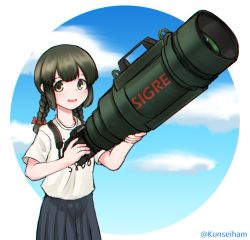 Rule 34 | 1girl, black eyes, black hair, blue skirt, blue sky, braid, camera, casual, cloud, cowboy shot, day, hair between eyes, isonami (kancolle), kantai collection, kunsei hamu, looking at viewer, open mouth, oversized object, pleated skirt, shirt, sidelocks, skirt, sky, solo, t-shirt, twin braids, zoom lens
