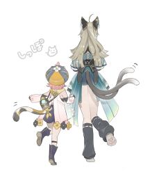 Rule 34 | 2girls, animal ears, animal hands, back, black socks, boots, cat ears, cat paws, cat tail, cocktail shaker, commentary request, detached sleeves, diona (genshin impact), from behind, full body, genshin impact, grey hair, hat, height difference, highres, japanese clothes, kirara (genshin impact), knee boots, kneehighs, kneepits, kushami deso, long hair, long sleeves, multiple girls, multiple tails, nekomata, pink hair, pleated skirt, ribbon, short hair, sidelocks, simple background, size difference, skirt, socks, standing, standing on one leg, tail, tail ornament, tail ribbon, translation request, two tails, vision (genshin impact), white background