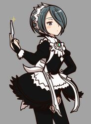 1girl alternate_costume apron black_bridal_gauntlets black_dress black_feathers blue_hair bridal_gauntlets cosplay dress feather_trim feathers fire_emblem fire_emblem_fates hair_over_one_eye highres japanese_clothes maid maid_(fire_emblem) maid_(fire_emblem)_(cosplay) maid_apron maid_headdress nintendo setsuna_(fire_emblem) white_apron white_headdress white_trim white_wrist_cuffs wrist_cuffs yadon0