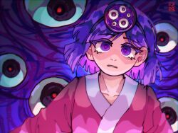 Rule 34 | 1other, androgynous, black hairband, blunt ends, collarbone, colored eyelashes, empty eyes, extra eyes, hairband, head mirror, highres, japanese clothes, kimono, len&#039;en, long sleeves, looking at viewer, mitsumo, other focus, parted lips, pink kimono, purple background, purple eyes, purple hair, red pupils, short hair, signature, terumi (len&#039;en), upper body, waiwa way