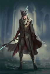 Rule 34 | 1girl, arms at sides, ascot, blonde hair, blood, bloodborne, blurry, blurry background, boots, brown footwear, coat, commentary request, ascot, depth of field, full body, gloves, hat, hat feather, hat over one eye, highres, holding, indoors, knee boots, lady maria of the astral clocktower, long coat, long hair, long sleeves, looking at viewer, miso katsu, pants, rakuyo (bloodborne), red eyes, red gloves, solo, standing, sword, trench coat, tricorne, weapon, white hair