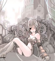 Rule 34 | 1girl, android, one eye closed, saibashi, science fiction, short hair, silver hair, sitting, solo, wink, wire