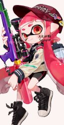 Rule 34 | 1girl, absurdres, baseball cap, bike shorts, black footwear, closed mouth, commentary request, cross-laced footwear, full body, gun, hat, highres, holding, holding gun, holding weapon, ink tank (splatoon), inkling, inkling girl, inkling player character, long hair, myon rio, nintendo, pointy ears, red eyes, red hair, scope, shoes, simple background, smile, solo, splat charger (splatoon), splatoon (series), splatoon 2, tentacle hair, weapon, white background