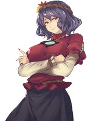 Rule 34 | 1girl, commentary request, crossed arms, hair ornament, mirror, purple hair, red eyes, rope, shimenawa, short hair, solo, terrajin, touhou, white background, yasaka kanako