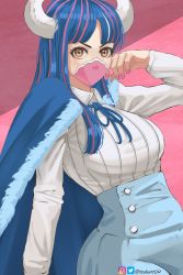Rule 34 | 1girl, artist name, blue cape, blue hair, blue ribbon, blue skirt, brown eyes, buttons, cape, closed mouth, collared shirt, hand up, highres, horns, long hair, long sleeves, mask, mouth mask, multicolored hair, nail polish, one piece, pink background, pink hair, pink mask, pink nails, rediant04, ribbed shirt, ribbon, shadow, shirt, simple background, sitting, skirt, solo, twitter username, two-tone hair, ulti (one piece), white shirt