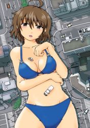 Rule 34 | 1girl, ahoge, bikini, blue bikini, blush, breasts, brown eyes, brown hair, car, city, crack, crosswalk, daibijin, destruction, drawing, eyebrows, from above, giant, giantess, hair between eyes, hand on own chest, hand on own stomach, looking at viewer, lying, motor vehicle, o-ring, o-ring top, on back, open mouth, riho hutaba, road, short hair, solo, street, swimsuit, vehicle