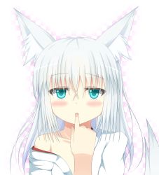 Rule 34 | 1girl, animal ears, aqua eyes, bad id, bad pixiv id, bare shoulders, blush, checkered background, finger in another&#039;s mouth, fox ears, fox tail, gradient background, open clothes, original, pink background, sui-95, tail, white background