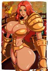 Rule 34 | 1girl, absurdres, alecto 0, arm guards, armor, armored boots, ass, baccarat (one piece), bikini armor, blush, boots, breastplate, breasts, cleavage, dark-skinned female, dark skin, gold armor, green eyes, highres, large breasts, long hair, looking at viewer, one piece, one piece film: gold, panties, parted bangs, red hair, shoulder armor, smile, solo, thighs, underwear