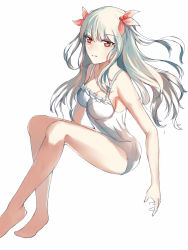 Rule 34 | 1girl, bare arms, bare shoulders, barefoot, breasts, camisole, crossed ankles, essex (warship girls r), eyelashes, frilled vest, frills, hair ornament, hair over shoulder, highres, knees up, large breasts, long hair, looking away, multicolored hair, no legwear, no pants, no shoes, open mouth, red eyes, sideboob, silver hair, solo, spaghetti strap, two side up, vest, warship girls r, white background, white vest, yamashita hakuu