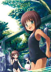 Rule 34 | 3girls, :d, adjusting clothes, adjusting swimsuit, ball, beachball, blue hair, brown eyes, brown hair, butterfly net, covered navel, flat chest, forest, green eyes, hand net, long hair, multiple girls, nature, one-piece swimsuit, open mouth, original, purple eyes, school swimsuit, short hair, side ponytail, smile, swimsuit, tan, tanline, wading, water, wet, yukino minato