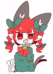 Rule 34 | 1girl, :3, animal ears, bell, blush, bow, braid, cat ears, cat tail, choker, collar, dress, extra ears, fang, gesture, green dress, highres, kaenbyou rin, looking at viewer, multiple tails, neck bell, nekomata, op na yarou, open mouth, pointy ears, red eyes, red hair, slit pupils, smile, solo, tail, touhou, twin braids