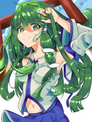 Rule 34 | 1girl, blue skirt, blue sky, breasts, chinese commentary, closed mouth, collared shirt, commentary request, cowboy shot, detached sleeves, frog hair ornament, green eyes, green hair, hair ornament, highres, impossible clothes, impossible shirt, kochiya sanae, navel, niujingfan56482, shirt, single hair tube, skirt, sky, sleeveless, sleeveless shirt, small breasts, smile, solo, torii, touhou, white sleeves