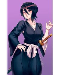 Rule 34 | 1girl, artist name, black hair, bleach, breasts, hair between eyes, hand on own hip, highres, japanese clothes, katana, kuchiki rukia, looking at viewer, luchidart, open mouth, purple background, purple eyes, sheath, sheathed, shihakusho, shinigami, short hair, small breasts, solo, sword, two-tone background, weapon, white background, zanpakutou