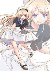 Rule 34 | 1girl, blonde hair, blue eyes, clothes lift, commentary request, dress, dress lift, full body, gloves, hat, jervis (kancolle), kantai collection, leaning forward, mary janes, moke ro, one-hour drawing challenge, open mouth, sailor collar, sailor dress, sailor hat, shoes, short sleeves, simple background, smile, solo, white background, white dress, white gloves, white hat, zoom layer