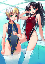 Rule 34 | 00s, 2girls, adjusting hair, ahoge, alternate costume, artoria pendragon (all), artoria pendragon (fate), bare shoulders, barefoot, black hair, blonde hair, blue eyes, blush, bosshi, breasts, competition swimsuit, covered erect nipples, covered navel, fate/stay night, fate (series), flat chest, green eyes, hair bun, hair up, highleg, highleg swimsuit, leg lift, long hair, long legs, looking at viewer, medium breasts, multiple girls, one-piece swimsuit, open mouth, pool, saber (fate), single hair bun, sketch, small breasts, swimsuit, thigh gap, thighs, tohsaka rin, twintails, two side up, wading, water