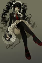 Rule 34 | 10s, 1girl, ask (askzy), black hair, black nails, black skirt, black thighhighs, blunt bangs, bonnet, bow, card, celestia ludenberg, character name, crossed legs, danganronpa: trigger happy havoc, danganronpa (series), dress, drill hair, fingernails, frilled dress, frilled sleeves, frilled thighhighs, frills, gothic lolita, gradient background, grey background, headwear request, heart, high heels, holding, holding card, lolita fashion, long hair, looking at viewer, maid headdress, nail polish, necktie, parted lips, playing card, pumps, red eyes, red footwear, red necktie, sharp fingernails, shoes, simple background, sitting, skirt, smile, solo, thighhighs, twin drills, twintails, very long hair