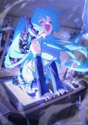 Rule 34 | 1girl, ^ ^, aqua hair, aqua necktie, black skirt, black sleeves, black thighhighs, blurry, blurry background, blush, book, breasts, closed eyes, collared shirt, commentary, desk, detached sleeves, drawing tablet, fang, glass shards, grey shirt, hair ornament, hatsune miku, headphones, headset, highres, indoors, long hair, magical mirai (vocaloid), magical mirai miku, magical mirai miku (2019), medium breasts, miniskirt, mouse (computer), necktie, open mouth, pleated skirt, poster (object), shirt, skirt, sleeveless, sleeveless shirt, smile, solo, stylus, takoongyi, thighhighs, through medium, through screen, twintails, very long hair, vocaloid