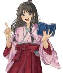 Rule 34 | 1girl, :d, ace attorney, black eyes, black hair, blunt bangs, book, cosplay, costume switch, hair ornament, hand up, holding, holding book, japanese clothes, long hair, maya fey, open mouth, shimomoki, smile, solo, susato mikotoba, the great ace attorney, white background