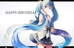 Rule 34 | 1girl, 2016, absurdly long hair, black skirt, blue eyes, blue hair, blue necktie, character name, cowboy shot, dated, floating hair, frilled skirt, frills, hair between eyes, hatsune miku, letterboxed, long hair, looking at viewer, miniskirt, necktie, pleated skirt, shirt, skirt, sleeveless, sleeveless shirt, smile, solo, standing, twintails, very long hair, vocaloid, white shirt, wrist cuffs, yuruno