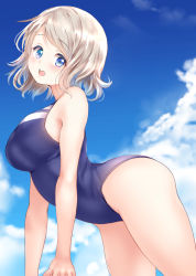 Rule 34 | 1girl, arched back, bad id, bad pixiv id, bare arms, bare legs, blue eyes, blue one-piece swimsuit, blush, breasts, cloud, cloudy sky, day, from side, grey hair, head tilt, highres, large breasts, light blush, looking at viewer, love live!, love live! sunshine!!, one-piece swimsuit, open mouth, ponytail korosuke, revision, short hair, sky, solo, swept bangs, swimsuit, thighs, watanabe you