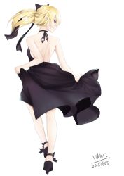 Rule 34 | 1girl, 2018, absurdres, ankle bow, ankle ribbon, backless dress, backless outfit, bare arms, black bow, black dress, black footwear, black ribbon, blonde hair, blue eyes, bow, dated, dress, floating hair, hair bow, high heels, highres, leg ribbon, long hair, looking back, original, profile, pumps, ribbon, shoulder blades, simple background, sleeveless, sleeveless dress, smile, solo, standing, viktorf, white background