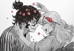 Rule 34 | 1boy, 1girl, ^ ^, adam&#039;s apple, branch, brother and sister, closed eyes, daki (kimetsu no yaiba), egyuuu, closed eyes, face-to-face, facial mark, flower, from side, grin, gyuutarou (kimetsu no yaiba), hair flower, hair ornament, hands up, happy, highres, kimetsu no yaiba, laughing, long hair, long sleeves, monochrome, obi, open mouth, profile, red flower, sash, sharp teeth, siblings, simple background, smile, spot color, teeth, topknot, upper body, aged down