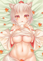 Rule 34 | 1girl, animal ears, autumn leaves, bare shoulders, blush, bottomless, breasts, commentary, commentary request, convenient censoring, detached sleeves, hat, highres, inubashiri momiji, large breasts, looking at viewer, lying, miyajima (anthem-anthem), navel, on back, open mouth, pom pom (clothes), red eyes, shirt, short hair, silver hair, sleeveless, sleeveless shirt, solo, tail, tokin hat, touhou, turtleneck, underboob, wolf ears, wolf tail