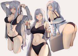 Rule 34 | 1girl, 3 small spiders, absurdres, ak-12 (girls&#039; frontline), arm support, arm up, artificial eye, artificial eyes, ass, black bra, black panties, blush, box, bra, braid, breasts, can, cleavage, closed eyes, french braid, girls&#039; frontline, grey hair, highres, holding, holding can, large breasts, leaning forward, long hair, mechanical eye, navel, off shoulder, panties, red eyes, shirt, sidelocks, smile, solo, tying hair, underwear, unusually open eyes, white background, white shirt