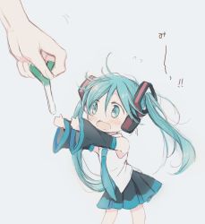 Rule 34 | 1girl, absurdres, aqua eyes, aqua hair, aqua necktie, bare shoulders, black skirt, black sleeves, commentary, cowboy shot, detached sleeves, food, grey background, hair ornament, hatsune miku, headphones, highres, hitode, holding, holding food, holding spring onion, holding vegetable, leaning forward, long hair, necktie, out of frame, pleated skirt, reaching, shirt, skirt, sleeveless, sleeveless shirt, solo, spring onion, standing, translated, twintails, vegetable, very long hair, vocaloid, white shirt