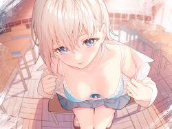 Rule 34 | 1girl, 3:, atagumo yuba, blue bra, blue eyes, blurry, blurry background, bra, breasts, classroom, closed mouth, depth of field, desk, fisheye, hair between eyes, highres, indoors, knees together feet apart, lips, long sleeves, looking at viewer, non-web source, on desk, original, school desk, school uniform, shoes, sitting, skirt, small breasts, solo, thighs, underwear, undressing, uwabaki, white hair, wooden floor