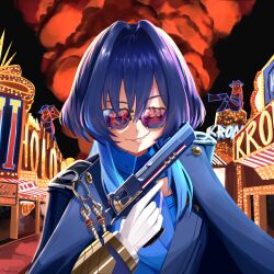 Rule 34 | 1girl, absurdres, blue hair, blue necktie, casino, character name, coat, colored inner hair, commentary, duke nukem 3d, english commentary, epaulettes, fang, gloves, grin, gun, hair intakes, hand up, handgun, highres, holding, holding weapon, hololive, hololive english, long sleeves, looking at viewer, marquee lights, military uniform, mokuka noe, multicolored hair, necktie, neon lights, official alternate costume, official alternate hairstyle, ouro kronii, ouro kronii (4th costume), parody, sleeve cuffs, smile, sunglasses, uniform, virtual youtuber, weapon, white gloves, wolf cut