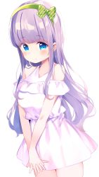Rule 34 | 1girl, blue eyes, blush, bow, chikuwa., clothing cutout, cowboy shot, dress, green bow, green hairband, hair bow, hairband, highres, interlocked fingers, long hair, looking at viewer, original, own hands together, purple hair, shoulder cutout, simple background, solo, striped, striped bow, white background, white dress