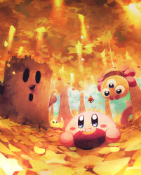 Rule 34 | :i, :o, absurdres, artist name, autumn, autumn leaves, blue eyes, blue sky, blush, blush stickers, chip (kirby), closed mouth, cloud, commentary request, como (kirby), dappled sunlight, day, eating, food, forest, grass, highres, holding, holding food, kirby, kirby (series), leaf, nature, nintendo, no humans, outdoors, polof, pupa (kirby), roasted sweet potato, sky, star (symbol), sunlight, suyasuyabi, sweet potato, tree, twitter username, whispy woods