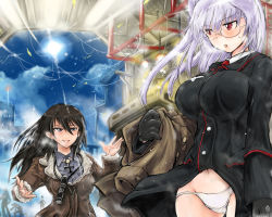 Rule 34 | 2girls, adolfine galland, black gloves, black hair, blue sky, blush, bomber jacket, breasts, building, cloud, cross, fur trim, glasses, gloves, green eyes, groin, head wings, heidimarie w. schnaufer, holding, iron cross, jacket, large breasts, light purple hair, long hair, long sleeves, looking at another, military, military uniform, mishiro shinza, multiple girls, navel, necktie, open mouth, panties, red eyes, sky, smile, spyglass, strike witches, strike witches zero, sun, sweatdrop, underwear, uniform, white panties, wings, world witches series, zipper