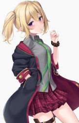 Rule 34 | 1girl, absurdres, black jacket, blonde hair, breasts, chloe (princess connect!), collared shirt, cowboy shot, grey shirt, hand in pocket, hand up, highres, jacket, long hair, looking at viewer, medium breasts, miniskirt, mouth hold, necktie, off shoulder, open clothes, open jacket, plaid, plaid skirt, pleated skirt, pointy ears, princess connect!, purple eyes, rama (yu-light8), red skirt, scrunchie, shirt, skirt, solo, striped clothes, striped scrunchie, thigh strap, twintails, wrist scrunchie