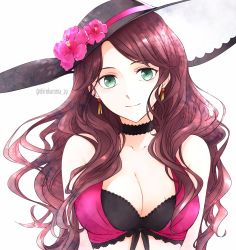 Rule 34 | 1girl, breasts, brown hair, cleavage, closed mouth, dorothea arnault, earrings, fire emblem, fire emblem: three houses, fire emblem heroes, flower, green eyes, hat, hat flower, highres, jewelry, large breasts, long hair, nintendo, shirokuroma 29, smile, solo, swimsuit, twitter username, upper body