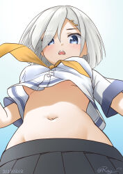 1girl blue_background blue_eyes blush breasts dated embarrassed grey_hair grey_sailor_collar grey_skirt hair_ornament hair_over_one_eye hairclip hamakaze_(kancolle) kantai_collection large_breasts looking_at_viewer looking_down neckerchief open_mouth ray.s sailor_collar school_uniform serafuku short_hair short_sleeves signature skirt surprised yellow_neckerchief