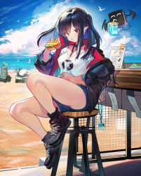 Rule 34 | 1girl, ^ ^, absurdres, airpods, ankle boots, arknights, bar stool, bare legs, beach, black footwear, black hair, black jacket, blue hair, blue shorts, boots, breasts, castle-3 (arknights), chinese commentary, cleavage, closed eyes, closure (arknights), cloud, cloudy sky, colored inner hair, commentary request, commission, counter, creature, crop top, crop top overhang, day, denim, denim shorts, eating, food, food on face, full body, gaanc 23 (tomosuge), hand on own hip, heart, highres, holding, holding food, huge filesize, id card, jacket, lancet-2 (arknights), long hair, long sleeves, looking at viewer, medium breasts, mixed-language commentary, multicolored hair, navel, ocean, open clothes, open jacket, outdoors, pointy ears, red eyes, sandwich, shirt, short shorts, shorts, sidelocks, sitting, sky, stomach, stool, two-tone hair, unzipped, white shirt, wireless earphones