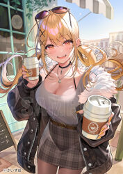 1girl black_choker blonde_hair breasts choker cleavage cup disposable_coffee_cup disposable_cup earrings eyewear_on_head gyaru hair_ornament highres holding holding_cup hoop_earrings jacket jewelry kaminari_qpi large_breasts long_hair looking_at_viewer nail_polish necklace okuma_mai open_clothes open_jacket pantyhose sample_watermark skirt smile solo sunglasses teeth twintails upper_teeth_only virtual_youtuber vspo! watermark x_hair_ornament