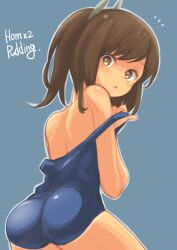 Rule 34 | 1girl, bare arms, bare shoulders, blue background, blue one-piece swimsuit, blush, brown eyes, brown hair, cowboy shot, highres, i-401 (kancolle), kantai collection, long hair, looking at viewer, one-piece swimsuit, parted lips, ponytail, puddinghomhom, school swimsuit, signature, simple background, solo, swimsuit, tagme, tan, tanline