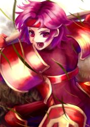 Rule 34 | 1girl, armor, attack, back turned, bodysuit, fire emblem, fire emblem: the binding blade, gwendolyn (fire emblem), headband, highres, looking at viewer, nintendo, open mouth, pink hair, raafurugm, red eyes, red headband, shoulder armor