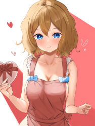 Rule 34 | 1girl, apron, bare arms, blonde hair, blue bow, blue eyes, blush, bow, box, breasts, cleavage, closed mouth, collarbone, commentary request, creatures (company), eyelashes, frills, game freak, gift, heart, heart-shaped box, holding, holding gift, large breasts, looking at viewer, medium breasts, medium hair, monmon (monmon k18), naked apron, nintendo, pokemon, pokemon (anime), pokemon xy (anime), red apron, serena (pokemon), sideboob, smile, solo, upper body, valentine