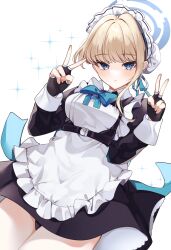Rule 34 | 1girl, apron, bare shoulders, black dress, black gloves, blonde hair, blue archive, blue bow, blue bowtie, blue eyes, blush, bow, bowtie, breasts, chest harness, commentary, double v, dress, earpiece, fingerless gloves, gloves, halo, harness, highres, looking at viewer, maid headdress, norisukexxy, pouch, revision, short dress, short hair, small breasts, solo, sparkle, thigh strap, thighs, toki (blue archive), v, white apron