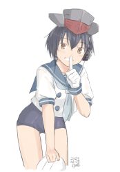 Rule 34 | 1girl, black hair, blue neckerchief, blue one-piece swimsuit, blue sailor collar, brown eyes, cowboy shot, etorofu (kancolle), finger to mouth, gloves, hat, hikashima (shiofune), i-14 (kancolle), kantai collection, leaning forward, looking at viewer, neckerchief, one-piece swimsuit, sailor collar, sailor shirt, school swimsuit, school uniform, serafuku, shirt, short hair, simple background, single glove, solo, swimsuit, swimsuit under clothes, white background, white gloves
